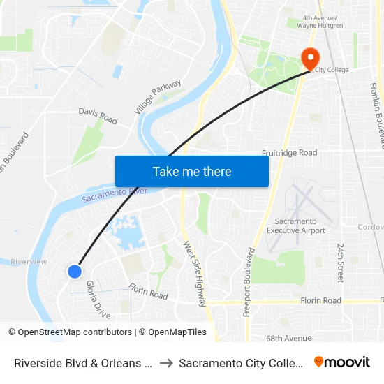 Riverside Blvd & Orleans Way (WB) to Sacramento City College Library map
