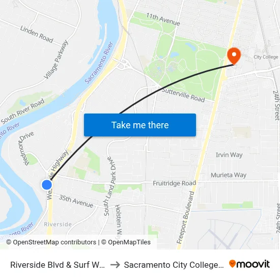 Riverside Blvd & Surf Way (SB) to Sacramento City College Library map