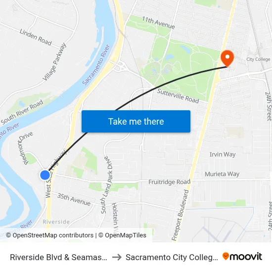 Riverside Blvd & Seamas Ave (SB) to Sacramento City College Library map
