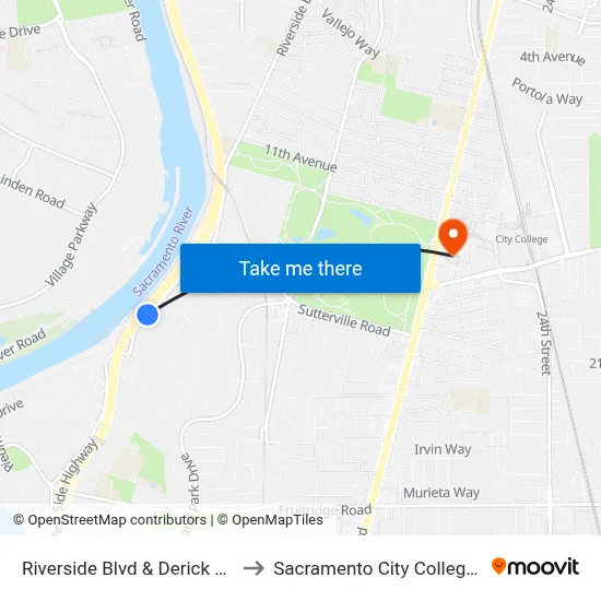 Riverside Blvd & Derick Way (SB) to Sacramento City College Library map