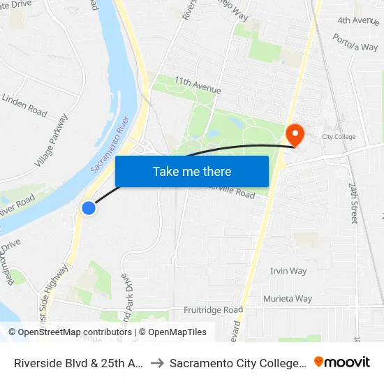 Riverside Blvd & 25th Ave (SB) to Sacramento City College Library map