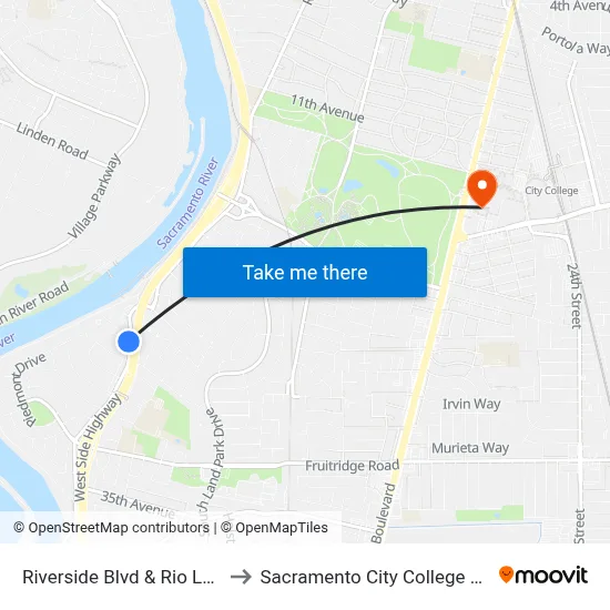 Riverside Blvd & Rio Ln (SB) to Sacramento City College Library map
