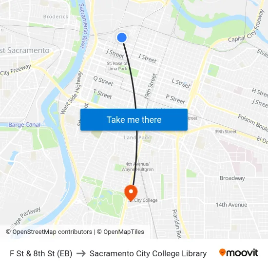 F St & 8th St (EB) to Sacramento City College Library map