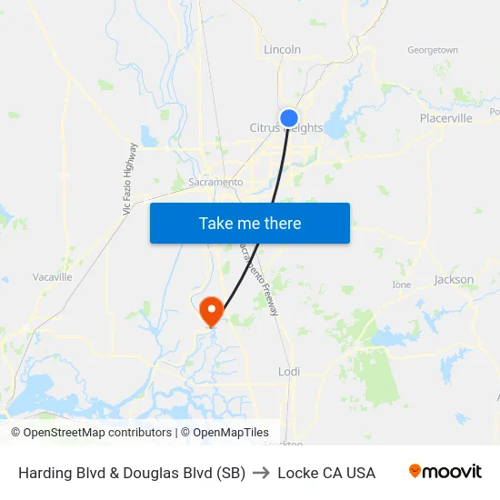 Harding Blvd & Douglas Blvd (SB) to Locke CA USA map
