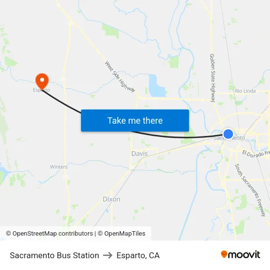 Sacramento Bus Station to Esparto, CA map