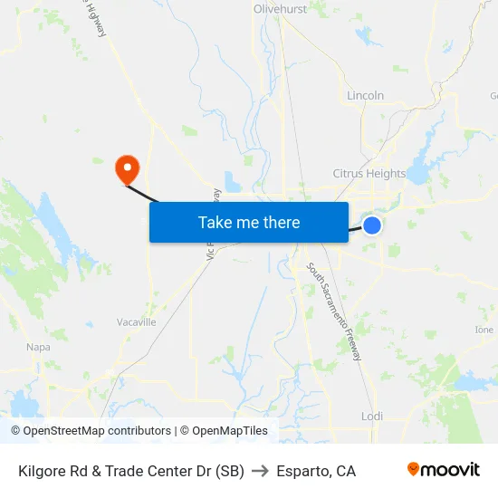 Kilgore Rd & Trade Center Dr (SB) to Esparto, CA map
