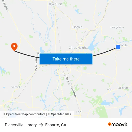Placerville Library to Esparto, CA map