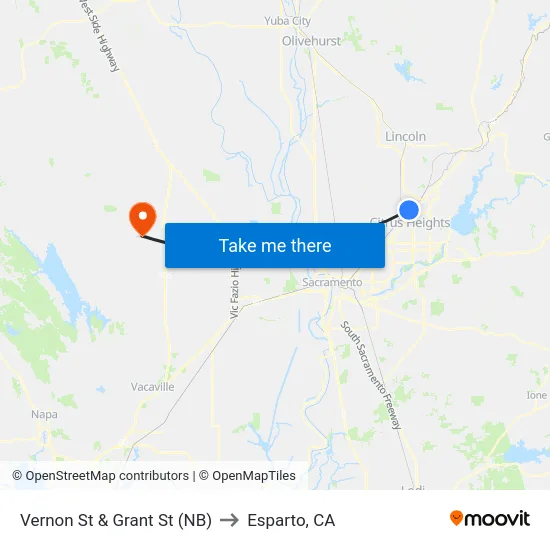 Vernon St & Grant St (NB) to Esparto, CA map
