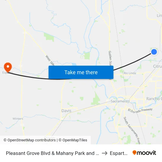 Pleasant Grove Blvd & Mahany Park and Ride Lot (NB) to Esparto, CA map