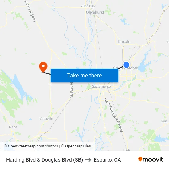 Harding Blvd & Douglas Blvd (SB) to Esparto, CA map