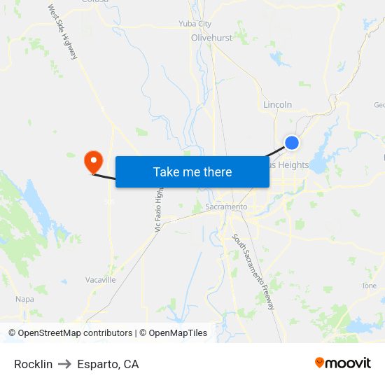 Rocklin to Esparto, CA map