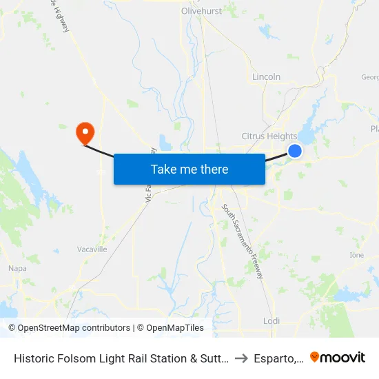 Historic Folsom Light Rail Station & Sutter St (NB) to Esparto, CA map