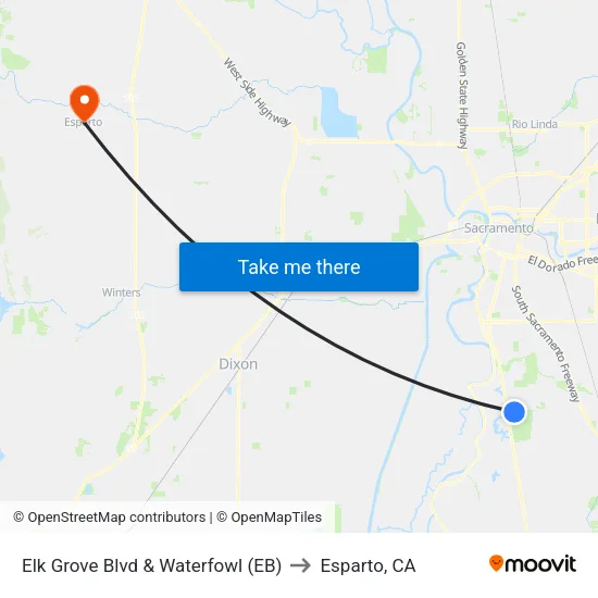 Elk Grove Blvd & Waterfowl (EB) to Esparto, CA map