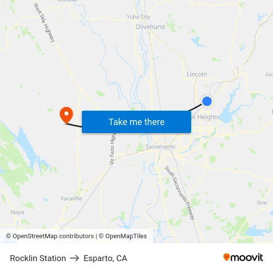 Rocklin Station to Esparto, CA map