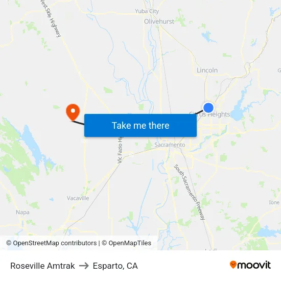 Roseville Amtrak to Esparto, CA map