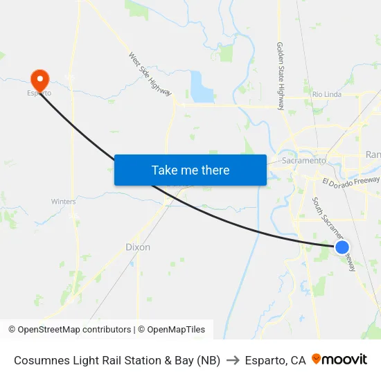 Cosumnes Light Rail Station & Bay (NB) to Esparto, CA map