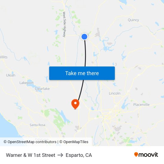 Warner & W 1st Street to Esparto, CA map