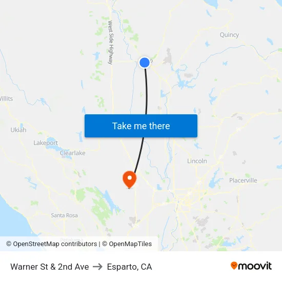 Warner St & 2nd Ave to Esparto, CA map