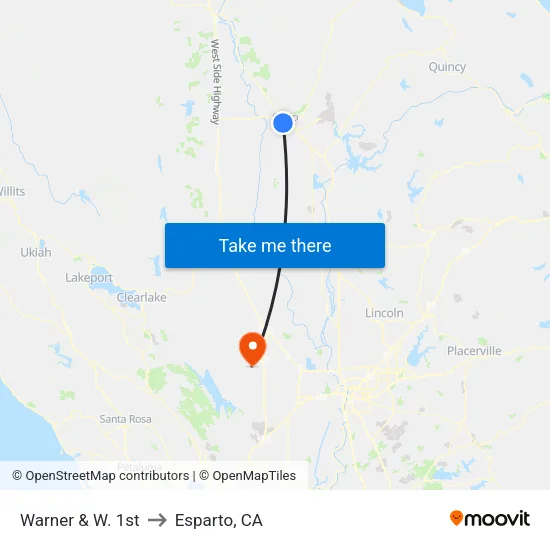 Warner & W. 1st to Esparto, CA map