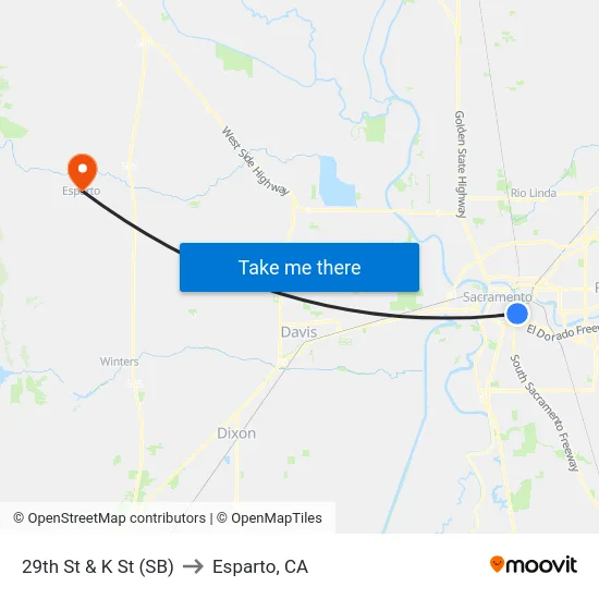 29th St & K St (SB) to Esparto, CA map