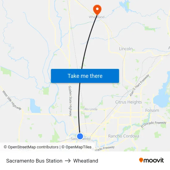 Sacramento Bus Station to Wheatland map