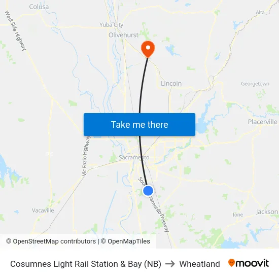 Cosumnes Light Rail Station & Bay (NB) to Wheatland map