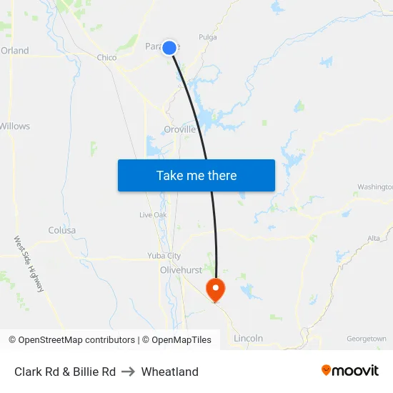 Clark Rd & Billie Rd to Wheatland map