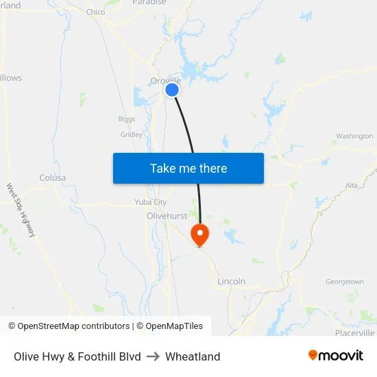 Olive Hwy & Foothill Blvd to Wheatland map