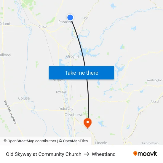 Old Skyway at Community Church to Wheatland map