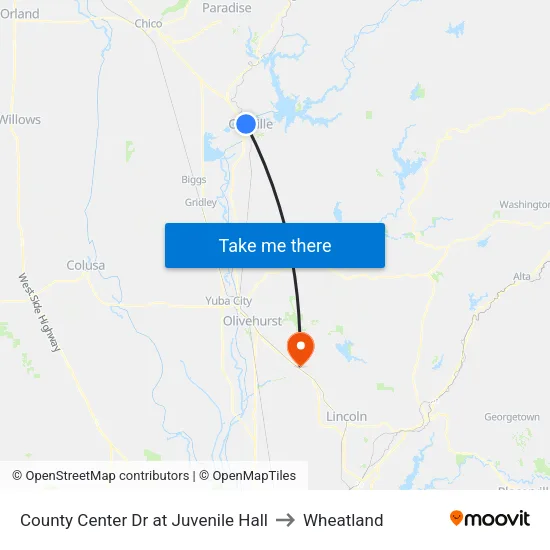 County Center Dr at Juvenile Hall to Wheatland map