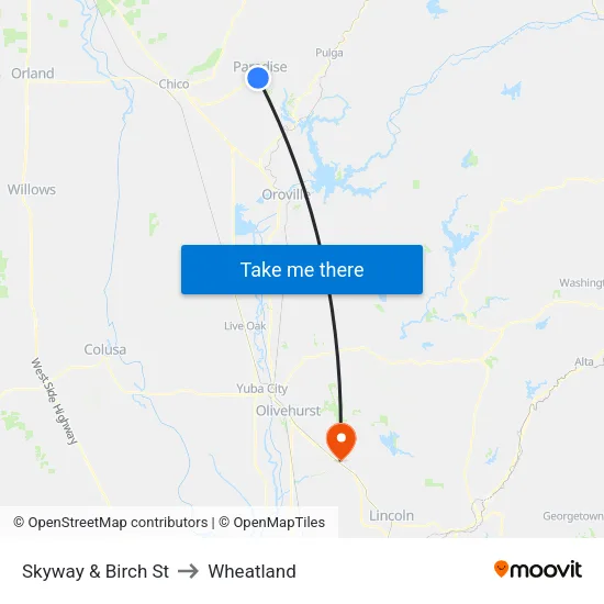 Skyway & Birch St to Wheatland map