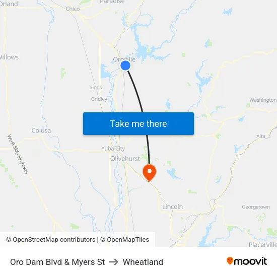 Oro Dam Blvd & Myers St to Wheatland map