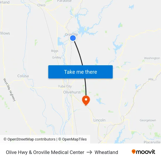 Olive Hwy & Oroville Medical Center to Wheatland map
