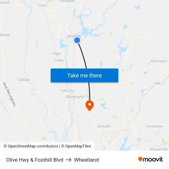Olive Hwy & Foothill Blvd to Wheatland map