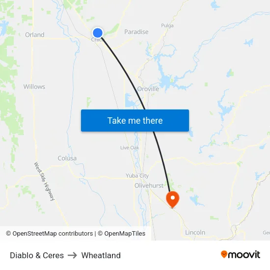Diablo & Ceres to Wheatland map