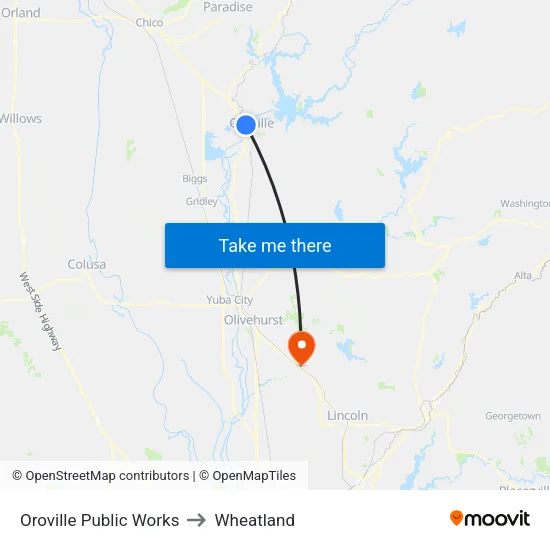 Oroville Public Works to Wheatland map