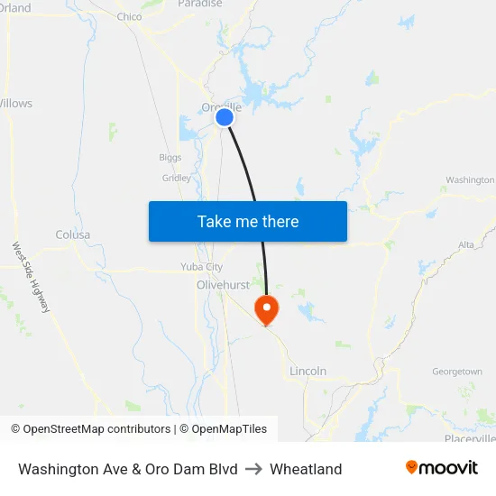 Washington Ave & Oro Dam Blvd to Wheatland map