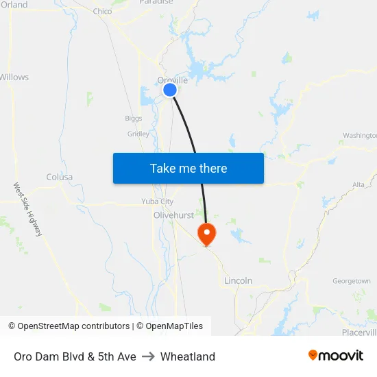 Oro Dam Blvd & 5th Ave to Wheatland map