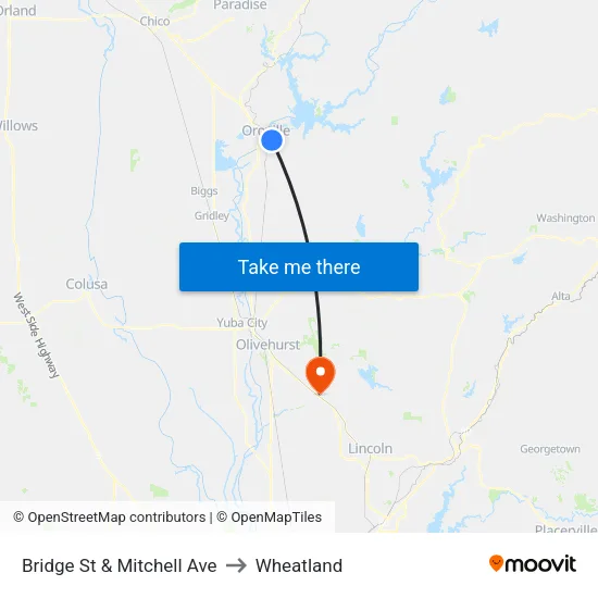 Bridge St & Mitchell Ave to Wheatland map