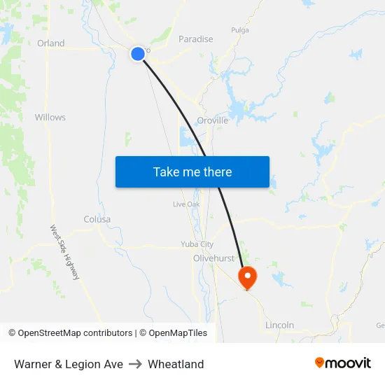 Warner & Legion Ave to Wheatland map