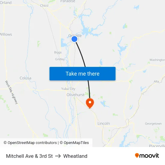 Mitchell Ave & 3rd St to Wheatland map