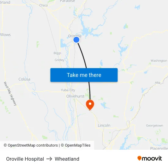 Oroville Hospital to Wheatland map