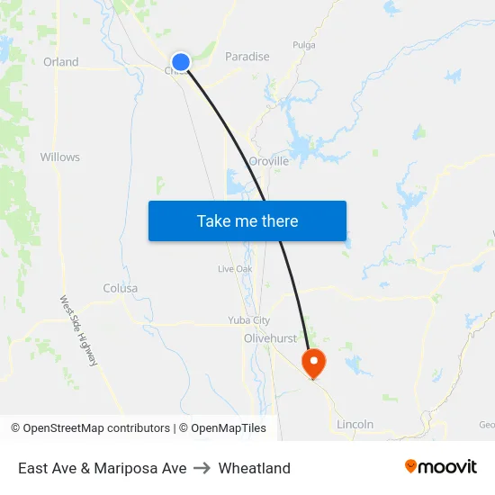 East Ave & Mariposa Ave to Wheatland map