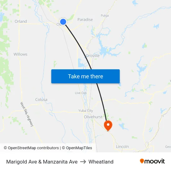 Marigold Ave & Manzanita Ave to Wheatland map