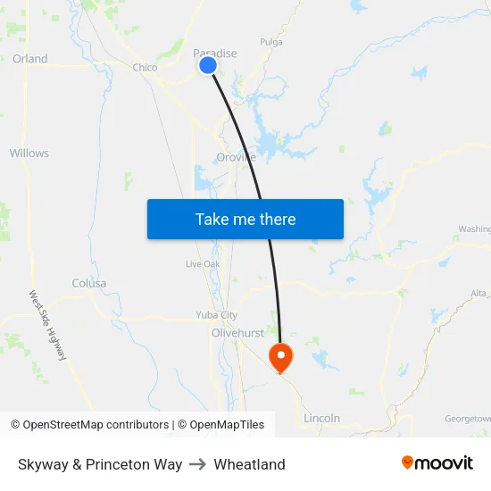 Skyway & Princeton Way to Wheatland map