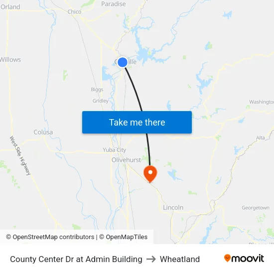 County Center Dr at Admin Building to Wheatland map