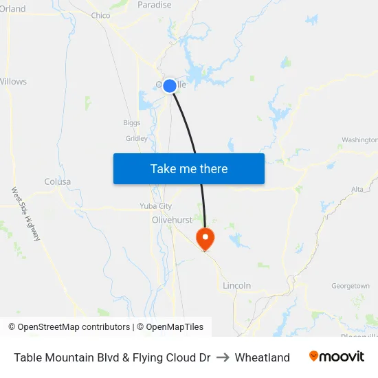 Table Mountain Blvd & Flying Cloud Dr to Wheatland map