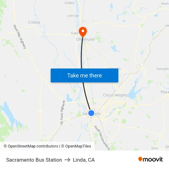Sacramento Bus Station to Linda, CA map