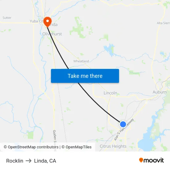 Rocklin to Linda, CA map