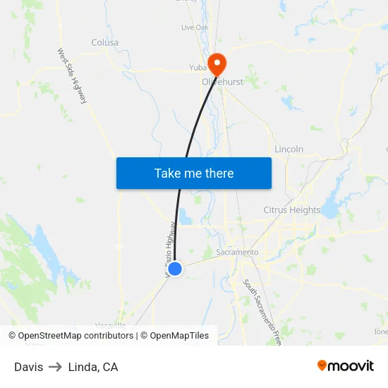Davis to Linda, CA map